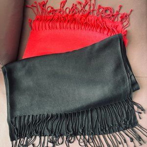 Lot of 2 scarves Red/black rayon/wool shawl Large bright scarves